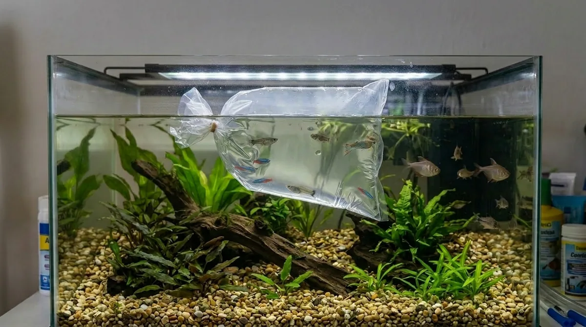A bag of new fish floating in an aquarium during acclimation, with fish already in the tank nearby.