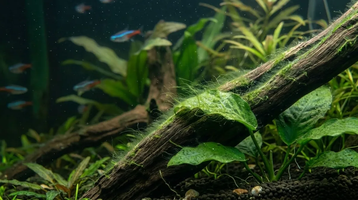 Green hair algae covering a piece of driftwood and a plant leaf, with tetras swimming in the background.