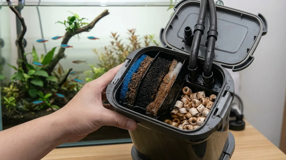 A hand holding an open canister filter box showing its layered filter media, sponge and ceramic rings.