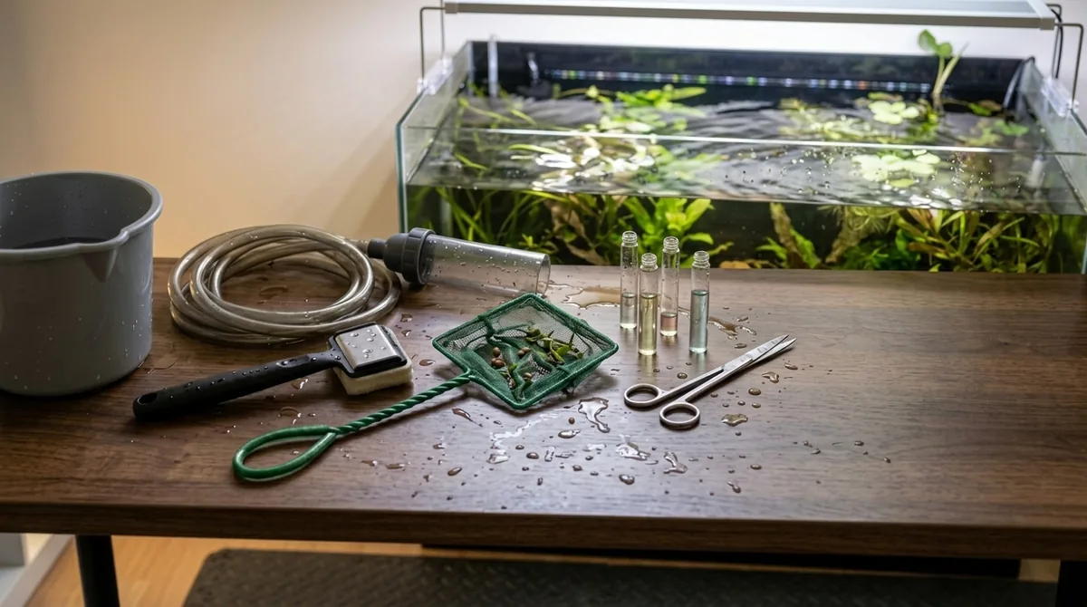 A person holding a water test vial in front of an aquarium with maintenance tools laid out on the table.