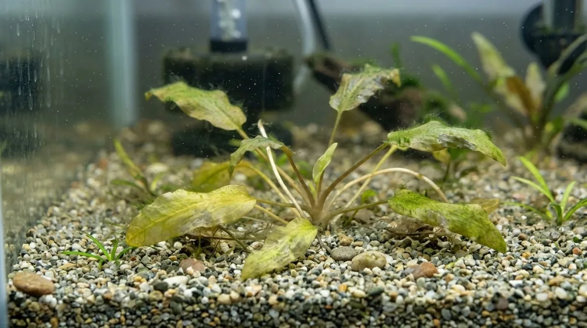 Close-up of yellowing, melting aquarium plant leaves on a substrate, showing signs of poor growth.