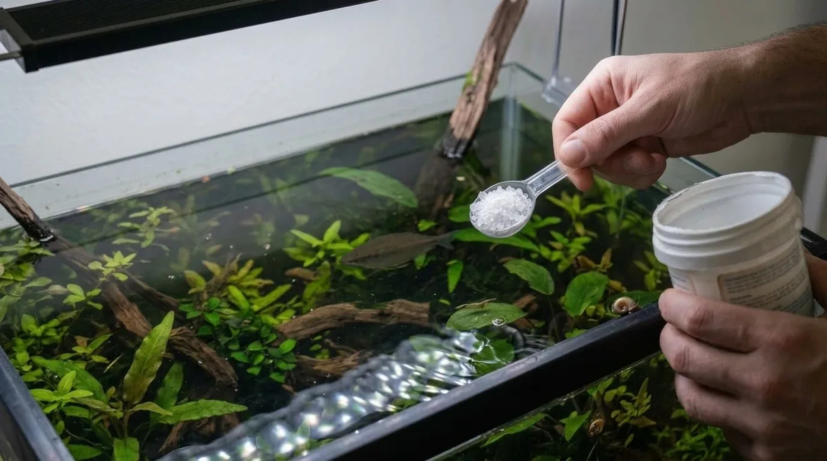 A spoonful of aquarium salt held over a planted freshwater tank.