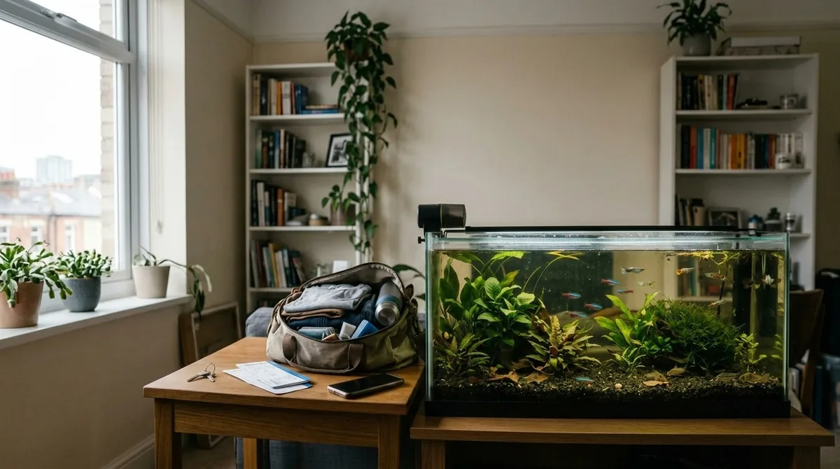 A planted aquarium with fish swimming, sitting on a table next to a packed travel bag and keys.