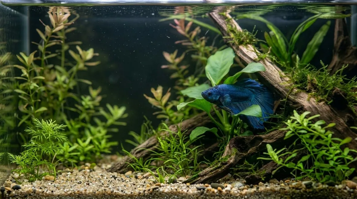 A blue betta fish resting among driftwood and broad-leafed plants in a planted aquarium.