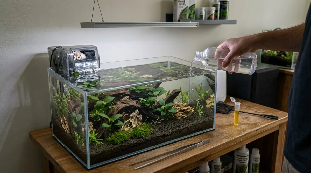 Pouring bottled bacteria supplement into a newly set up planted aquarium.