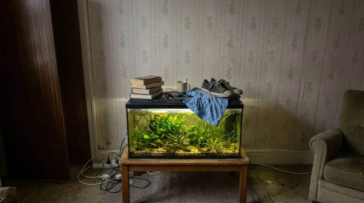 A fish tank sitting on a table cluttered with books, a mug, keys, and shoes, showing a neglected care routine.