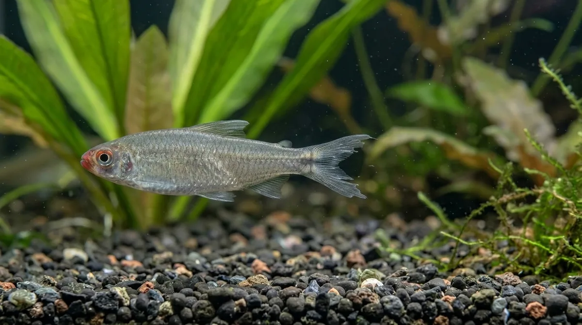 A corydoras catfish close up facing the camera among driftwood and plants.