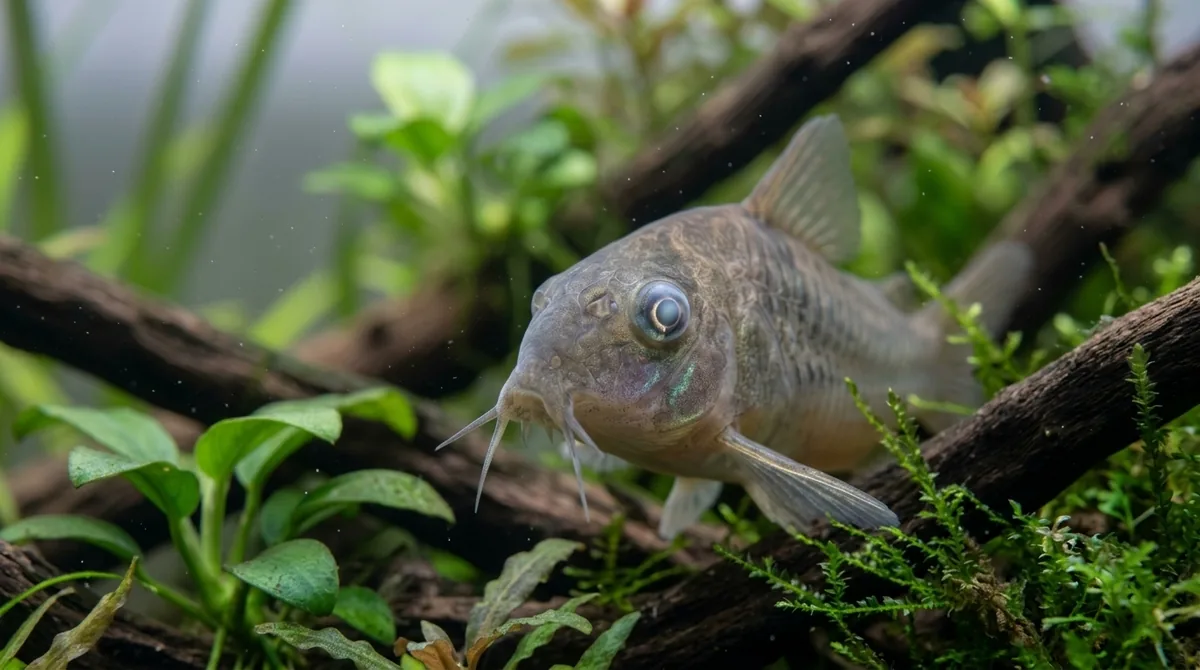 Close up of a dwarf gourami and a betta fish side by side, showing their eyes and faces.