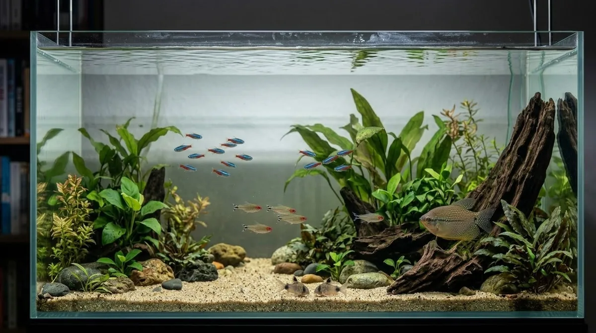 A larger aquarium with several different schooling fish species and a gourami sharing the same planted tank.