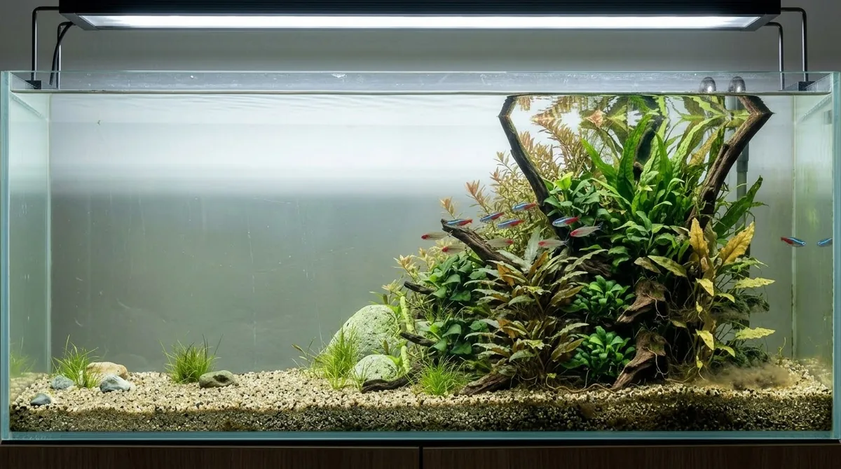 An established aquarium with a thick carpet of aquatic plants, driftwood, and a small school of tetras, showing the lush growth of a long-running tank.
