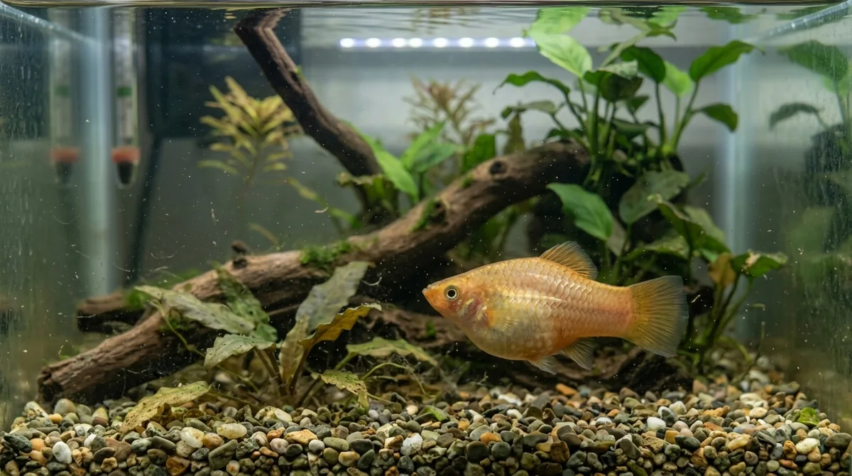 A platyfish swimming in a planted aquarium with driftwood, showing a slightly rounded body shape.