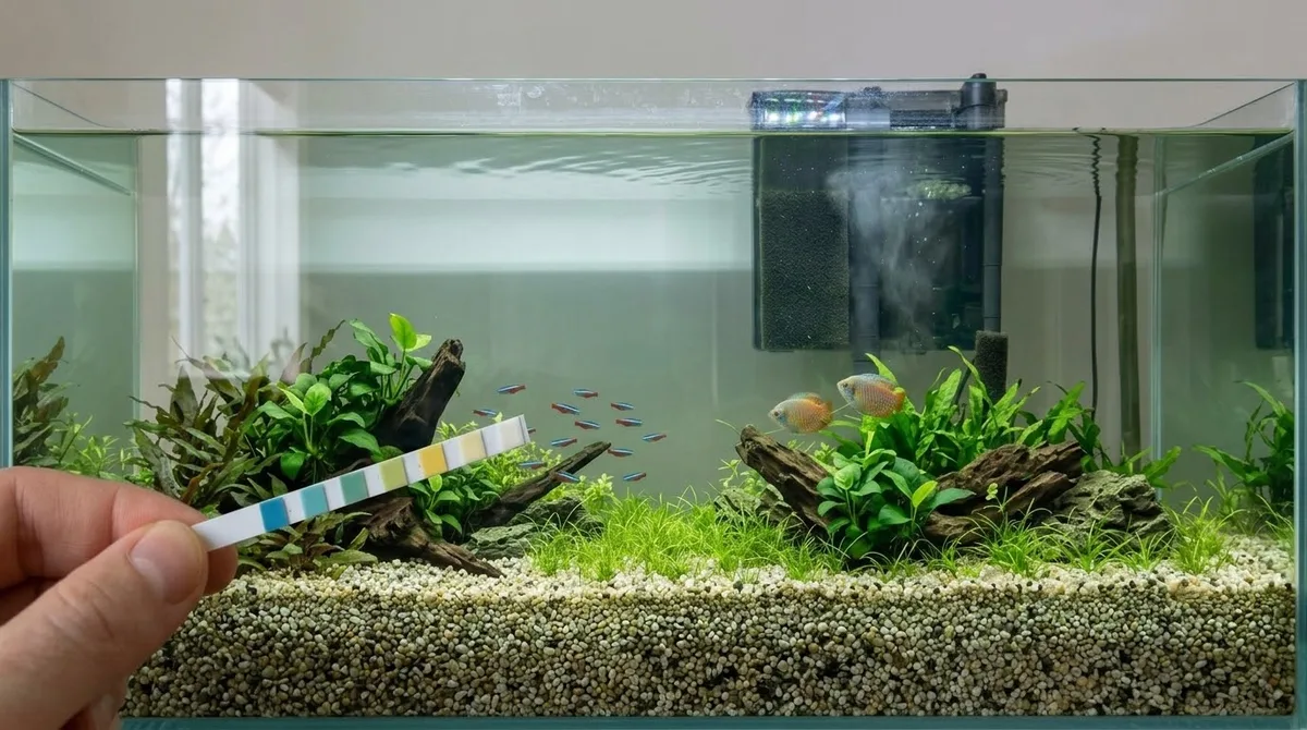 A test strip held against a well-planted aquarium with a small school of fish, checking parameters that can read perfectly even when the tank isn't fully mature.
