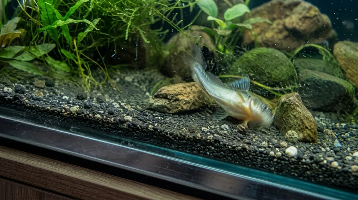 A fish swimming close to the gravel substrate near rocks, appearing to rub against the bottom.