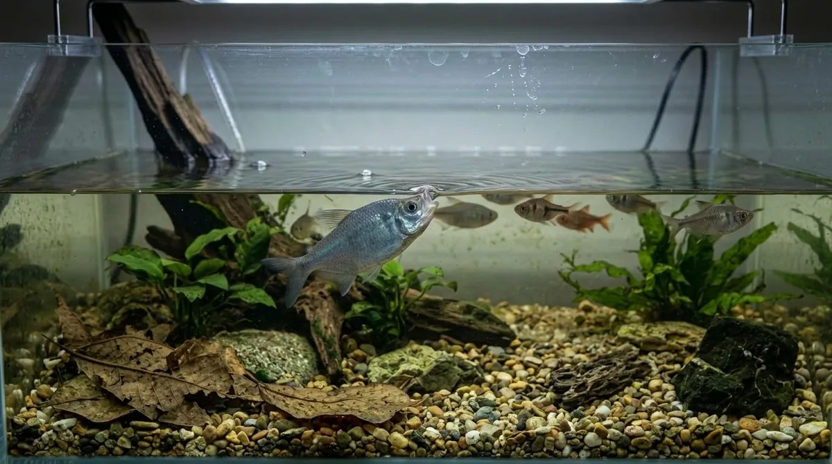 A fish gasping at the water surface in a planted aquarium with dried leaf litter on the substrate.