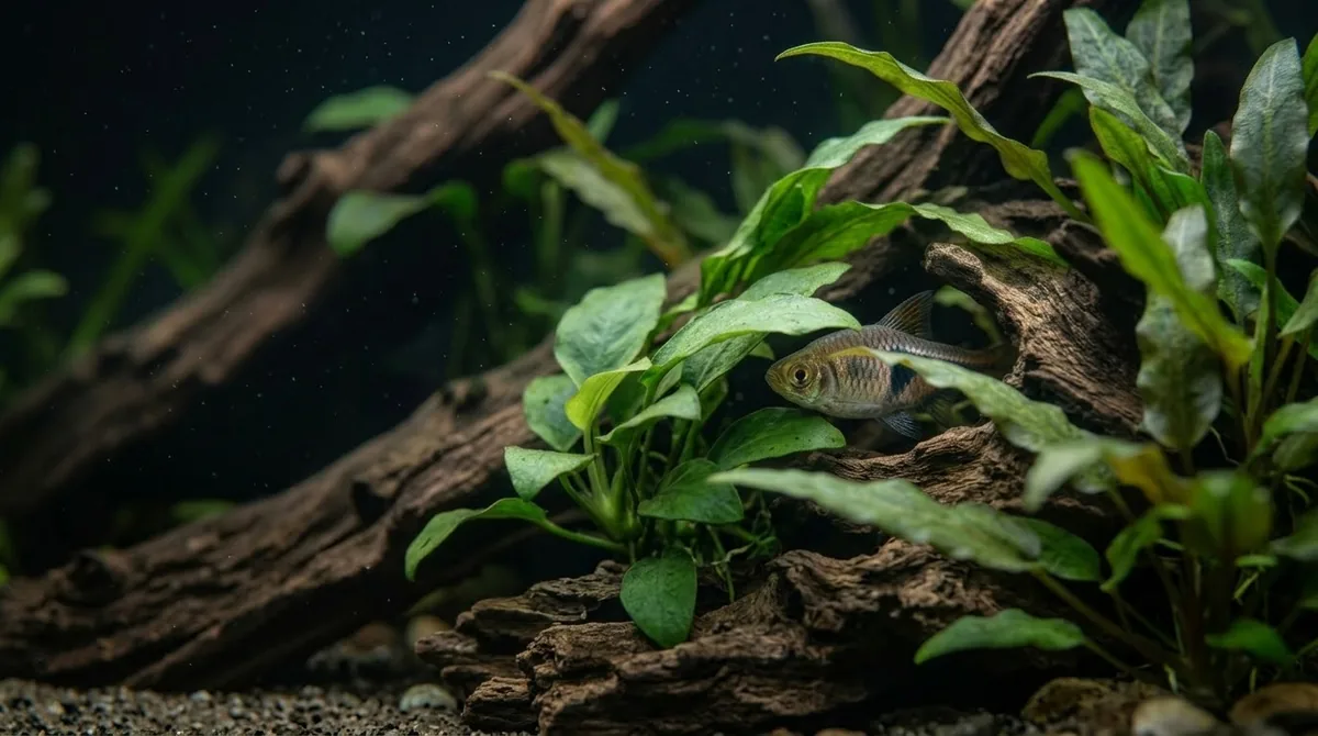 A single fish hiding among driftwood and broad plant leaves at the back of a dimly lit aquarium.