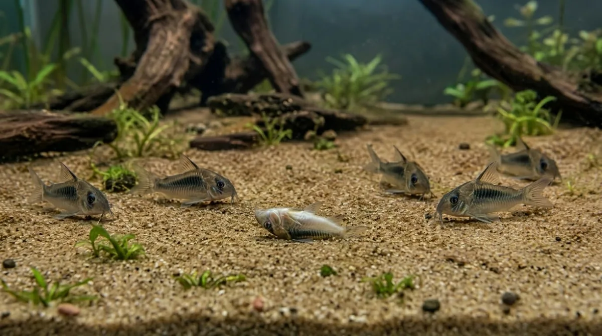 A small school of corydoras catfish on a sand substrate, with one fish lying on its side in distress.