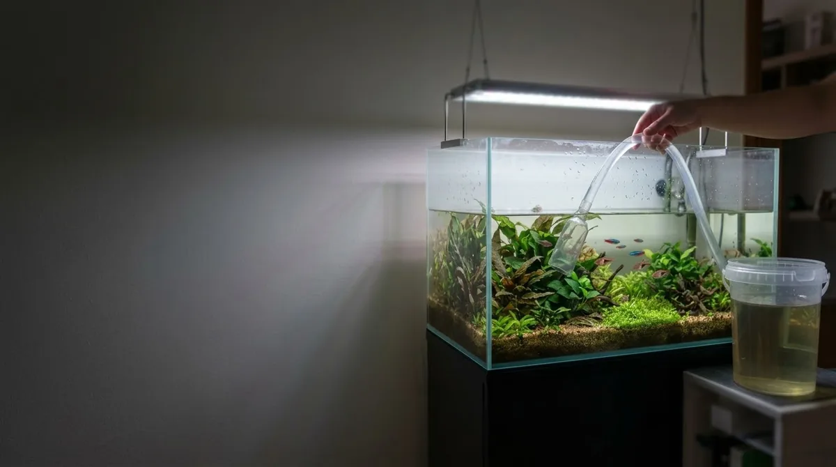 A hand siphoning water out of a planted aquarium into a bucket during a routine water change.