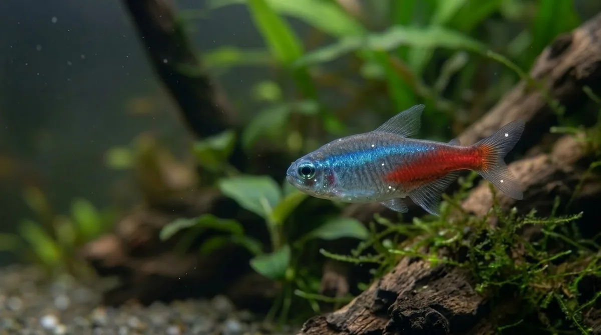 A neon tetra close up in a planted aquarium with driftwood in the background.