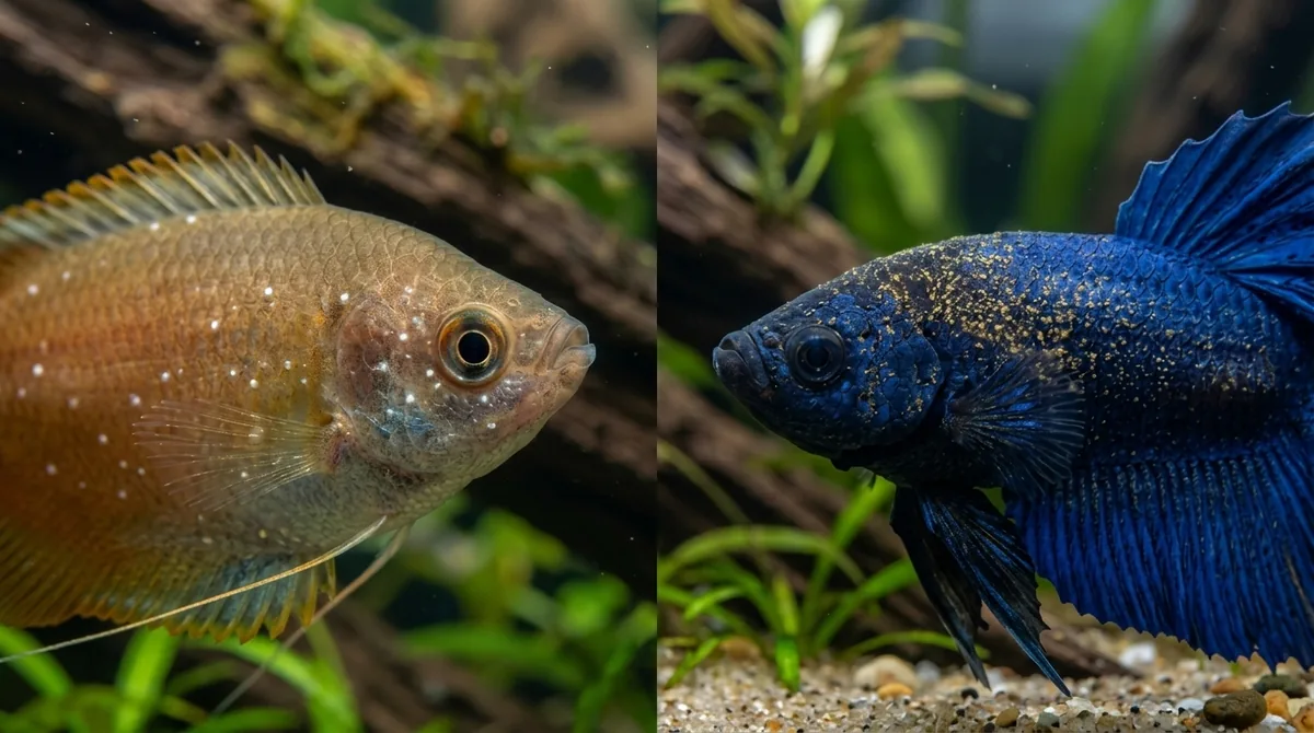 A split image comparing a dwarf gourami and a betta fish, showing fine spots on their scales.