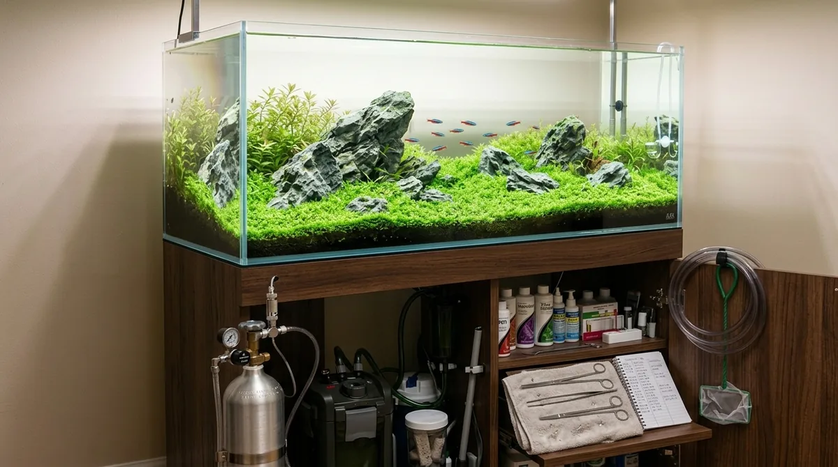 A high-tech planted aquarium with a CO2 cylinder, filter, and maintenance tools stored in the cabinet below.