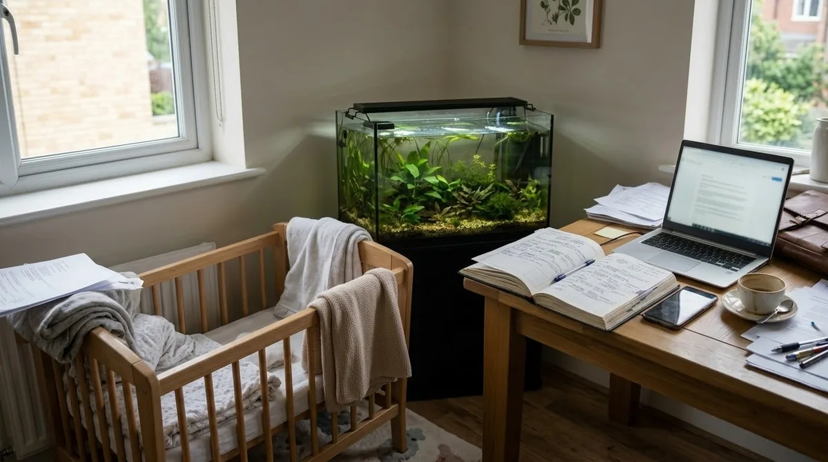 An aquarium next to a baby crib and a desk covered in papers and a laptop, showing a busy household.