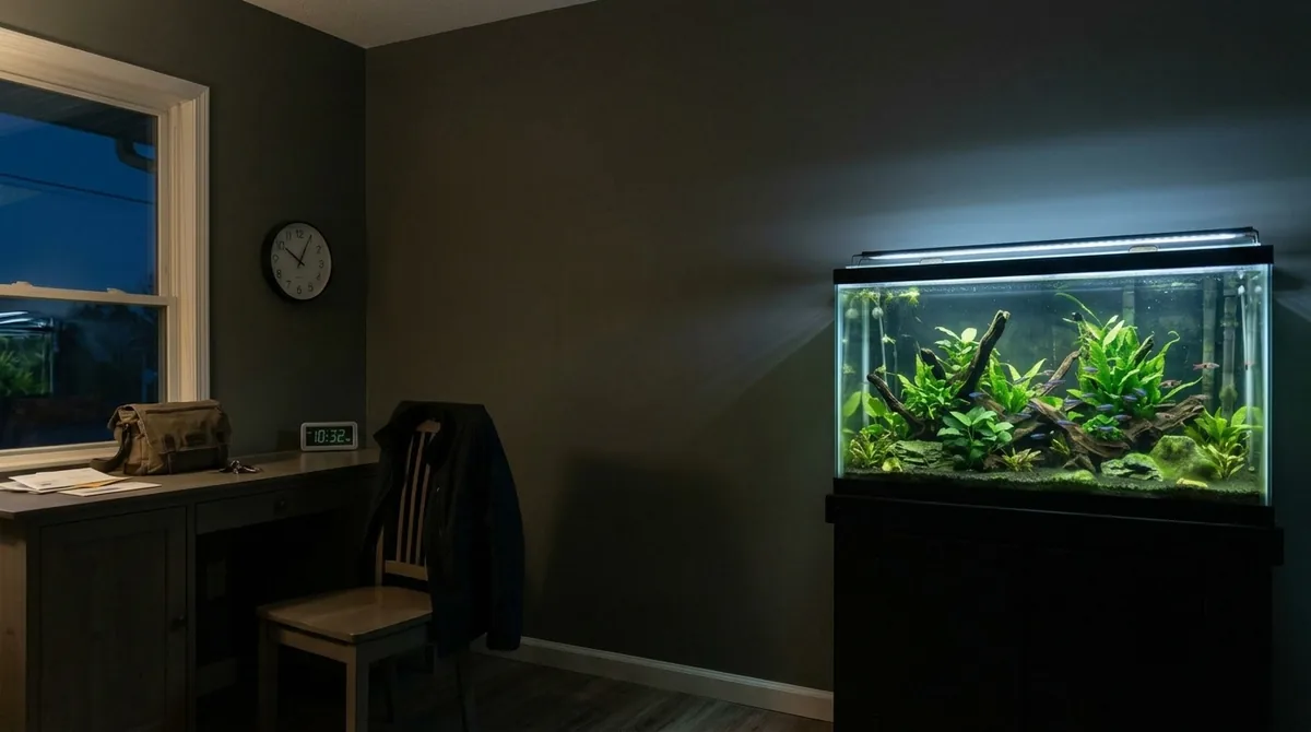 A dark room at night with a single aquarium lit up against the wall, a clock showing late evening on the desk nearby.