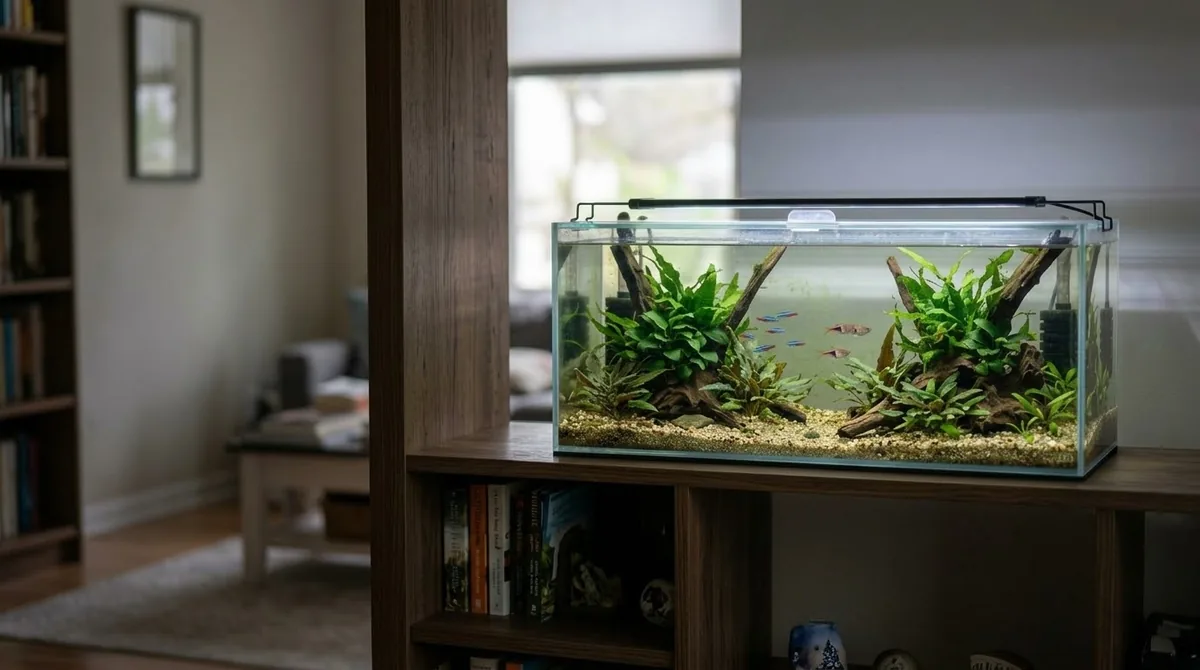 A small low-tech planted aquarium with driftwood and fish, sitting on a shelf in a living room.