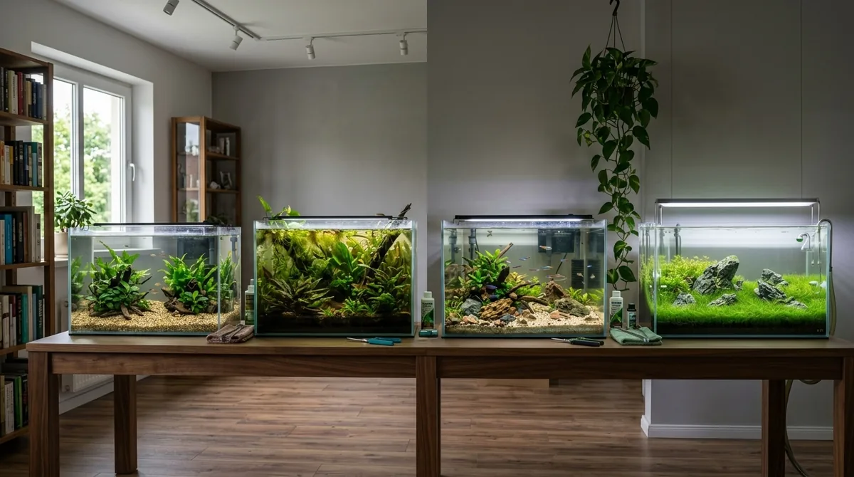 Four small aquariums of different setups lined up on a table, showing varying levels of care and maturity.