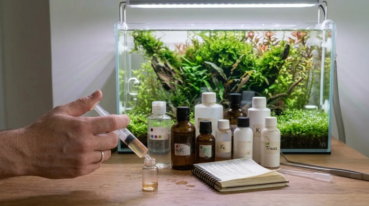 A hand using a syringe to dose liquid fertiliser in front of a planted aquarium with labelled bottles nearby.