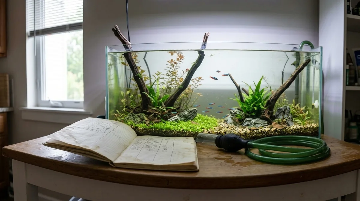 An open logbook next to a planted aquarium with a gravel siphon hose coiled on the table.