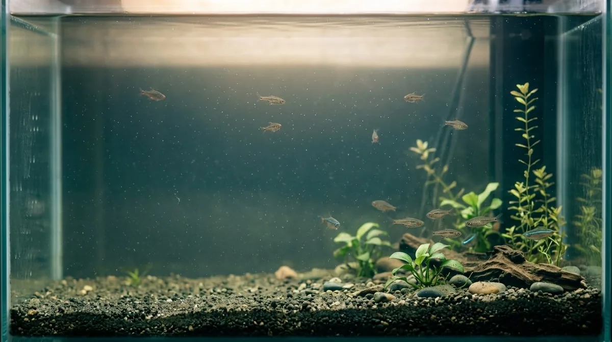 A newly set up aquarium with slightly cloudy water and a small school of fish, typical of the new tank cycling phase.