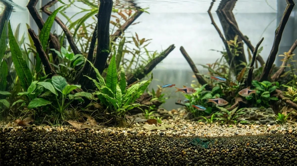 A wide planted aquarium with driftwood branches and a small school of tetras swimming.