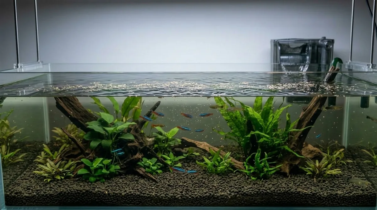 A wide aquarium with a small school of fish swimming near the surface among fine particles in the water.