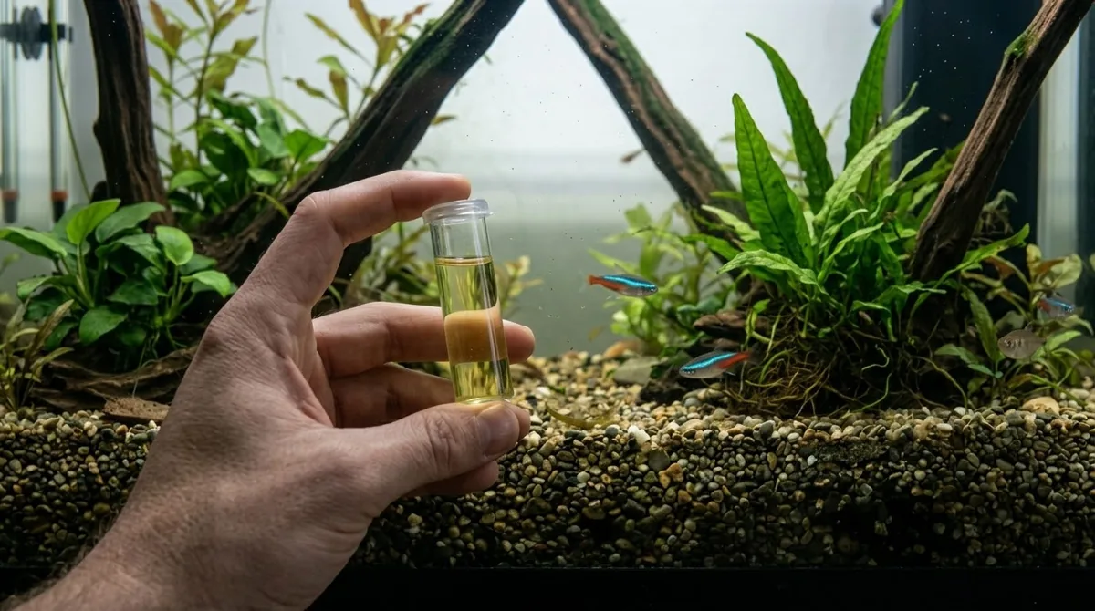 A hand holding a water test vial in front of a planted aquarium with fish swimming nearby.