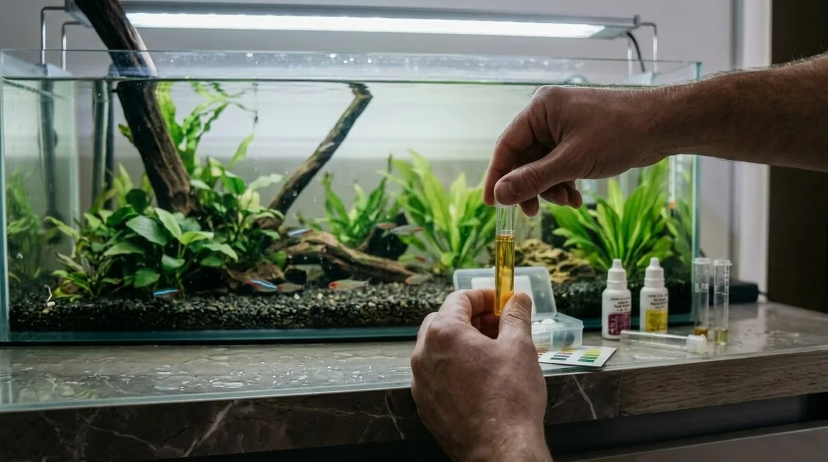 A hand holding a water test vial in front of a planted aquarium with dosing bottles and test kit nearby.