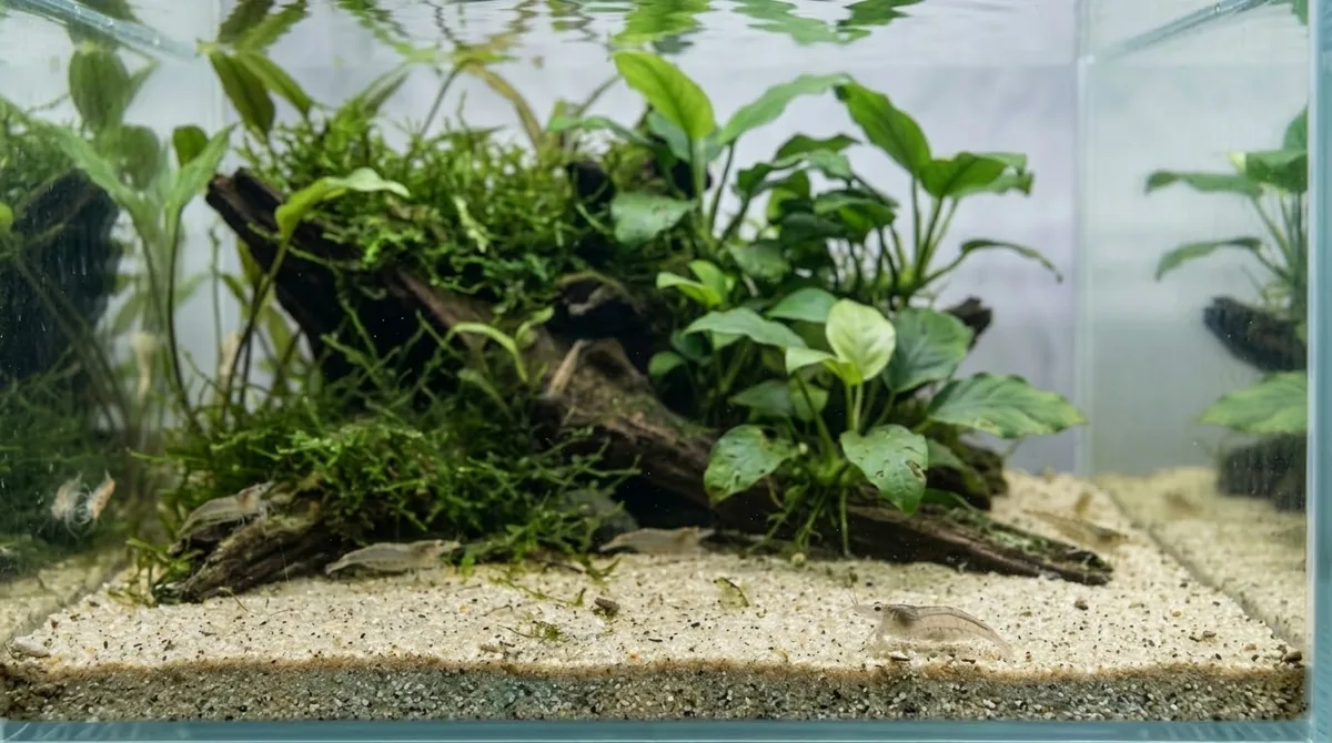 Small freshwater shrimp on a light sand substrate near driftwood and moss in a planted aquarium.