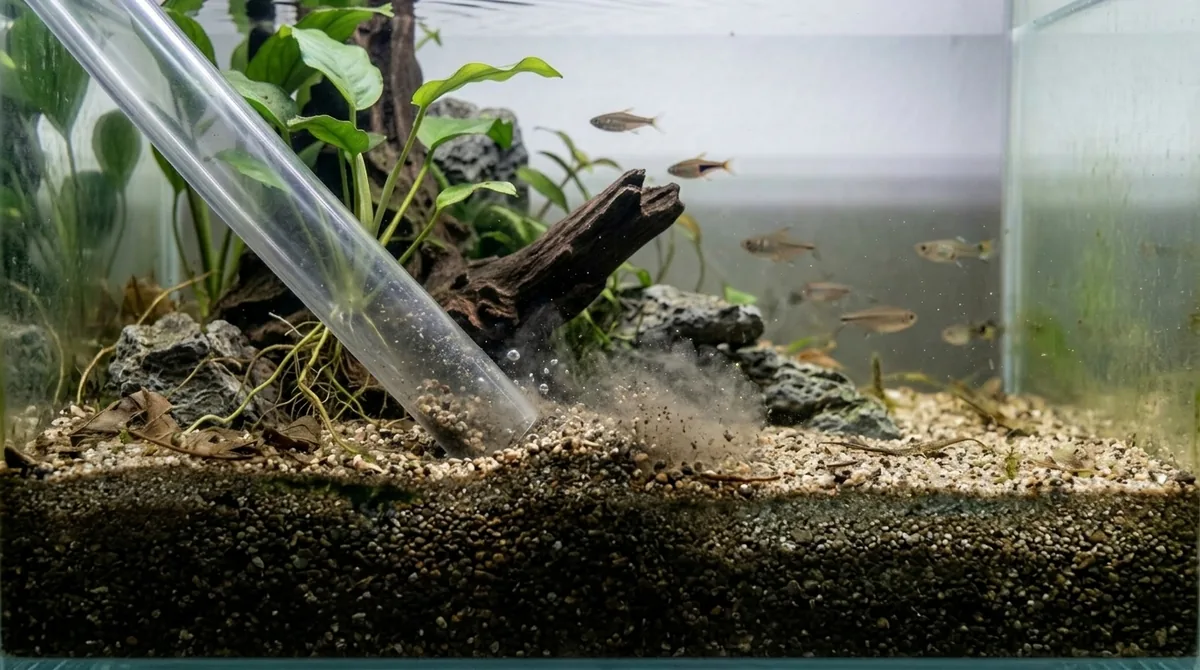 A gravel vacuum siphon stirring up substrate in a planted aquarium with fish swimming nearby.
