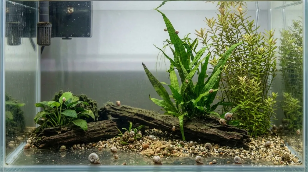 Many small snails covering driftwood and plants in a small aquarium.