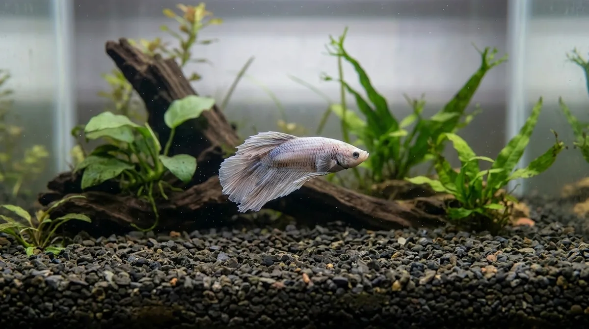 A pale silver fish swimming near the substrate in a planted aquarium.
