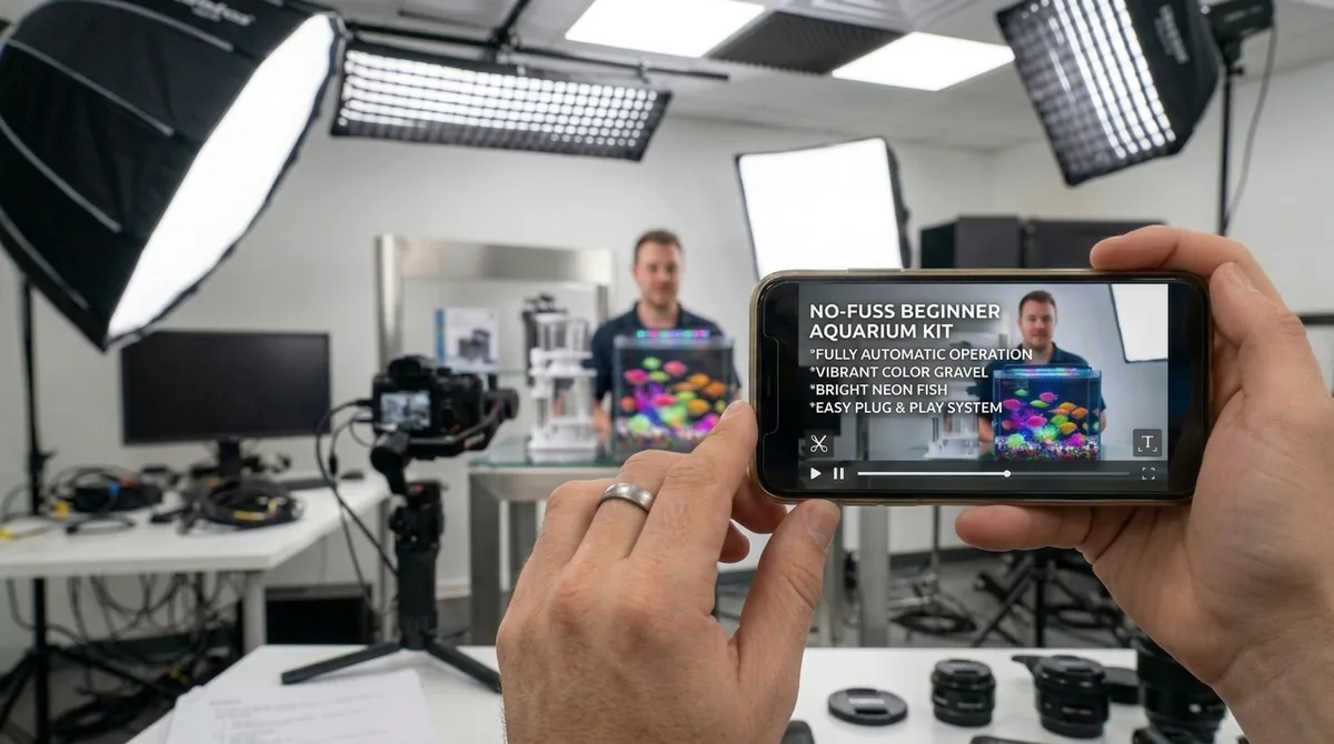 A hand holding a phone recording a product photography setup for an aquarium kit, with studio lighting and a colourful tank in the background.