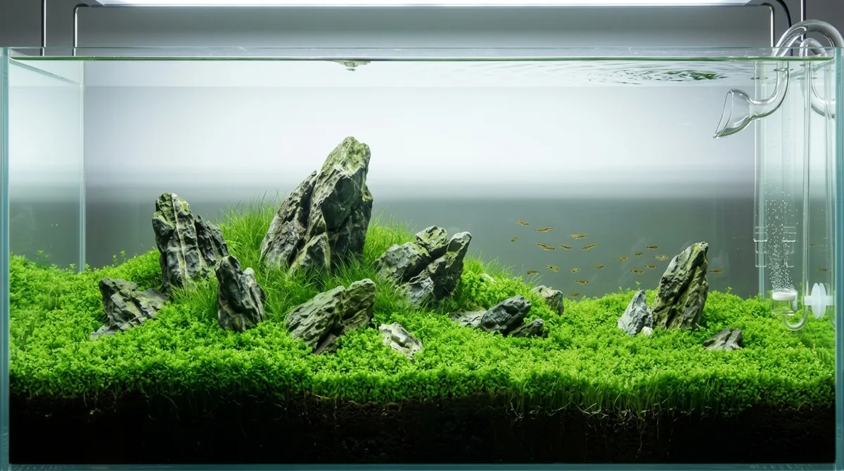 A high-tech planted aquarium with rockwork, dense carpet plants and a CO2 diffuser, with a small school of fish swimming.