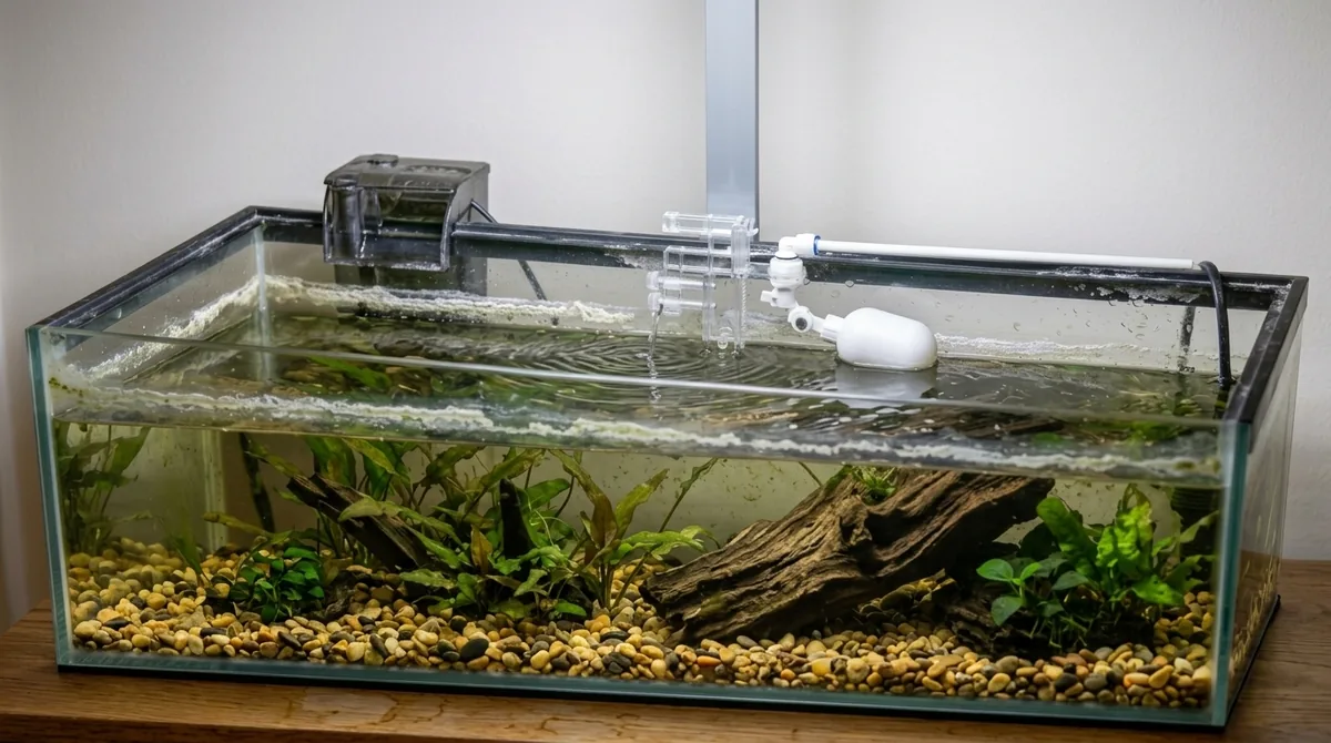 An aquarium filter intake with a white biofilm buildup along the waterline, showing a tank overdue for a water change.