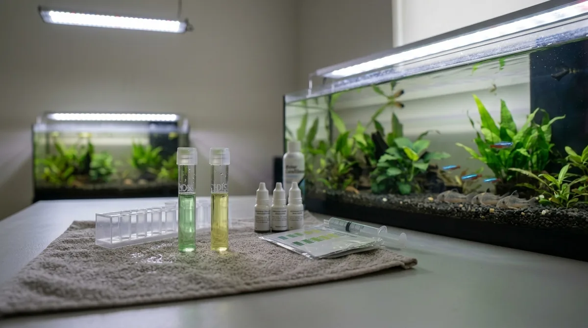 Two water test vials with different coloured liquid, green and yellow, placed on a towel with test kit bottles.