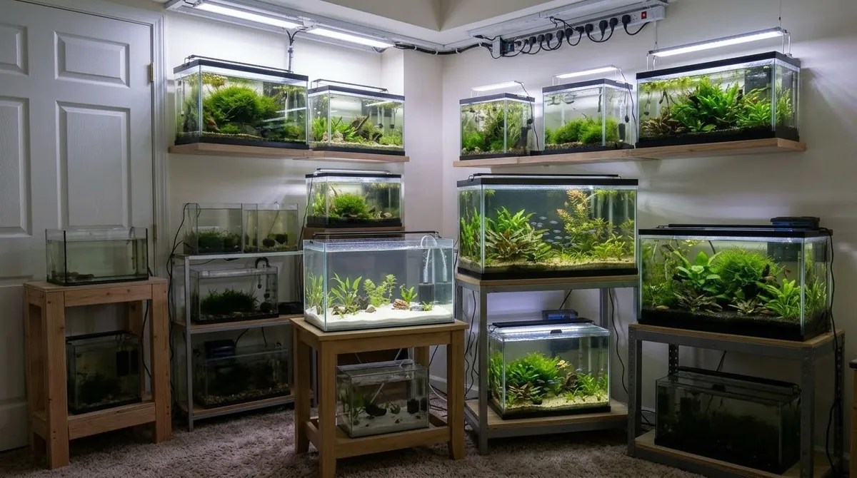 A fish room with many separate planted aquariums of different sizes set up on shelves and stands.