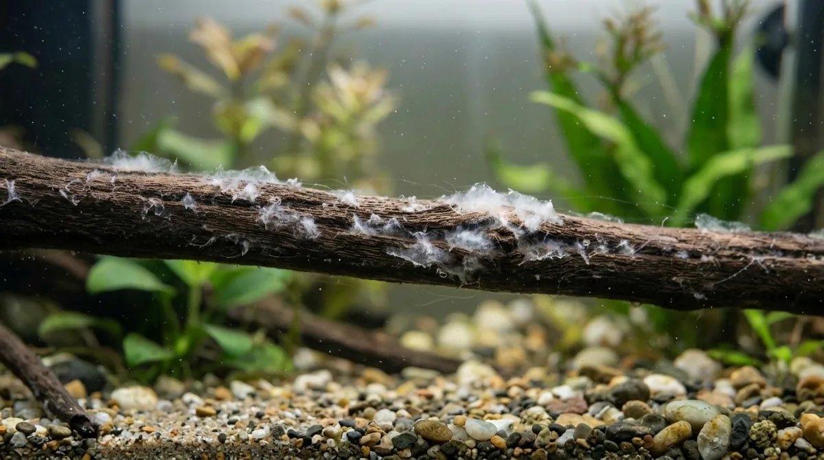 White fuzzy fungus growing on a piece of driftwood in a planted aquarium.