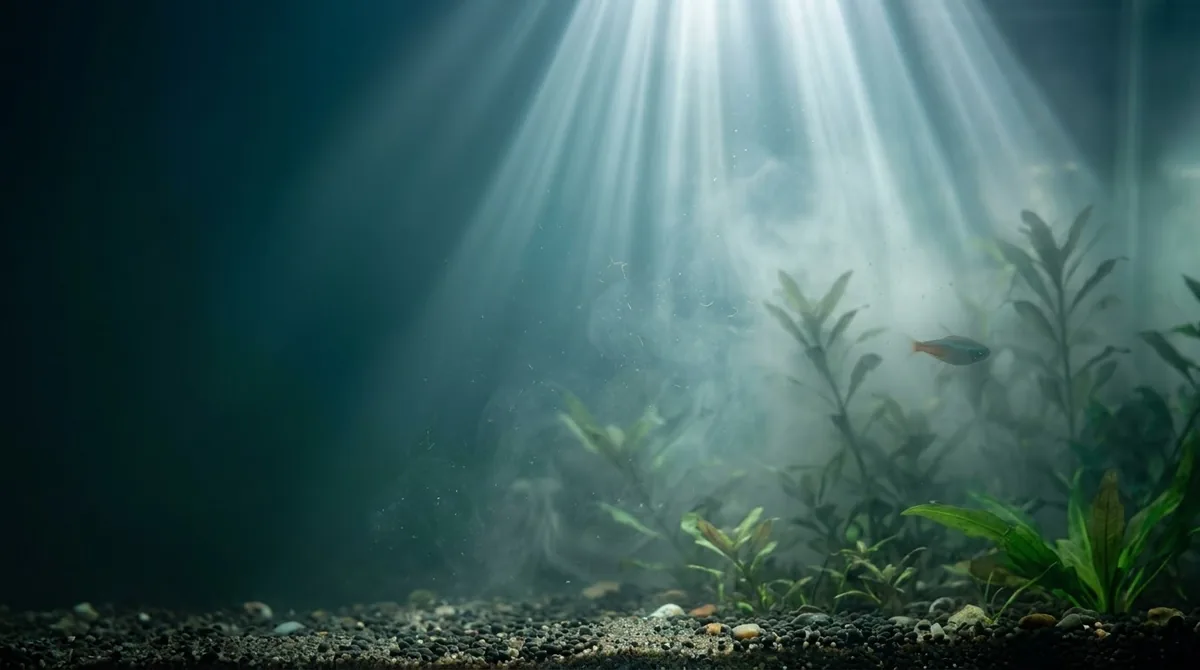 Light beams passing through cloudy, hazy aquarium water above a planted substrate, with a single fish visible in the haze.